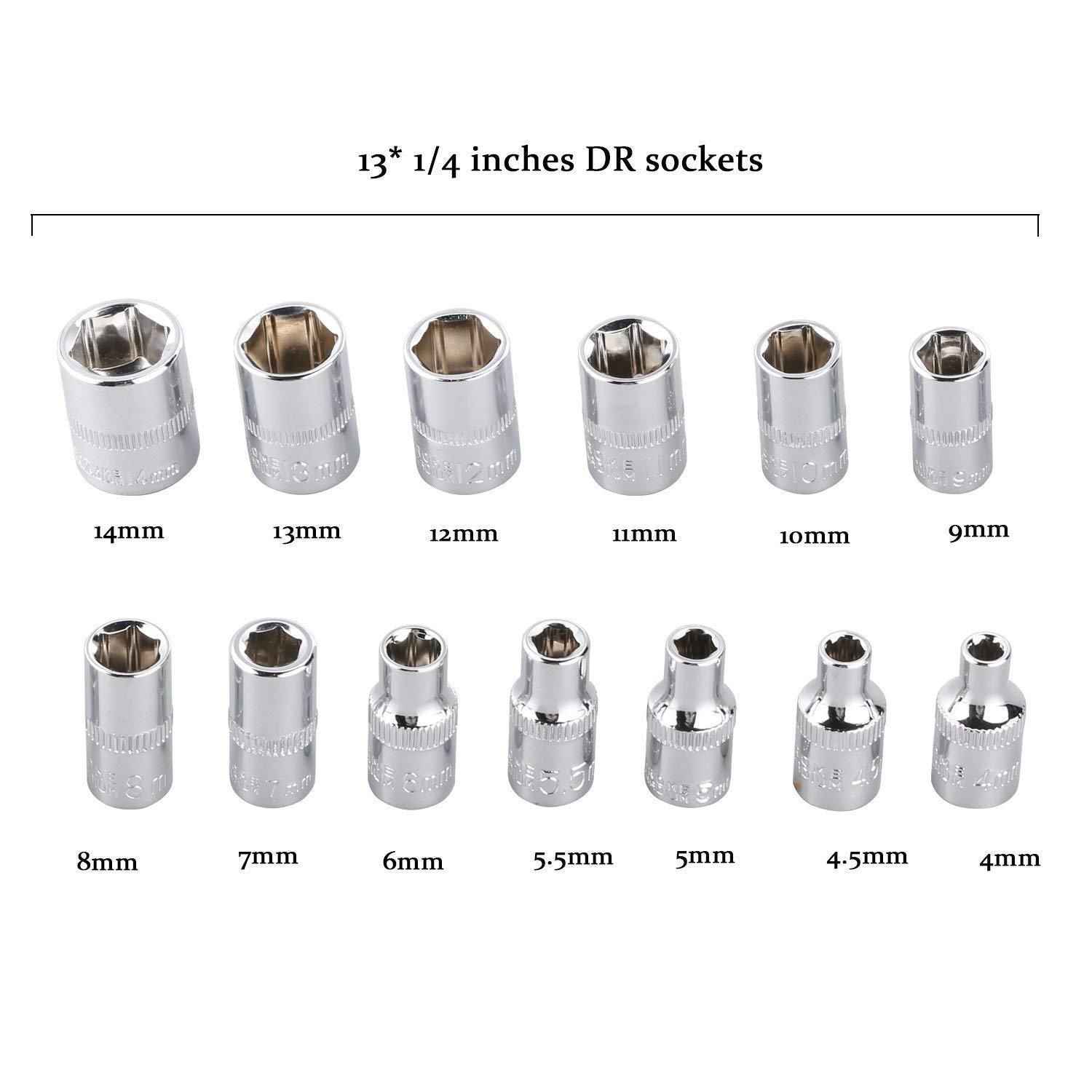 13x 1/4 inch DR sockets in various sizes from 4mm to 14mm in a 46 in 1 socket tool kit