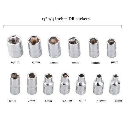 13x 1/4 inch DR sockets in various sizes from 4mm to 14mm in a 46 in 1 socket tool kit