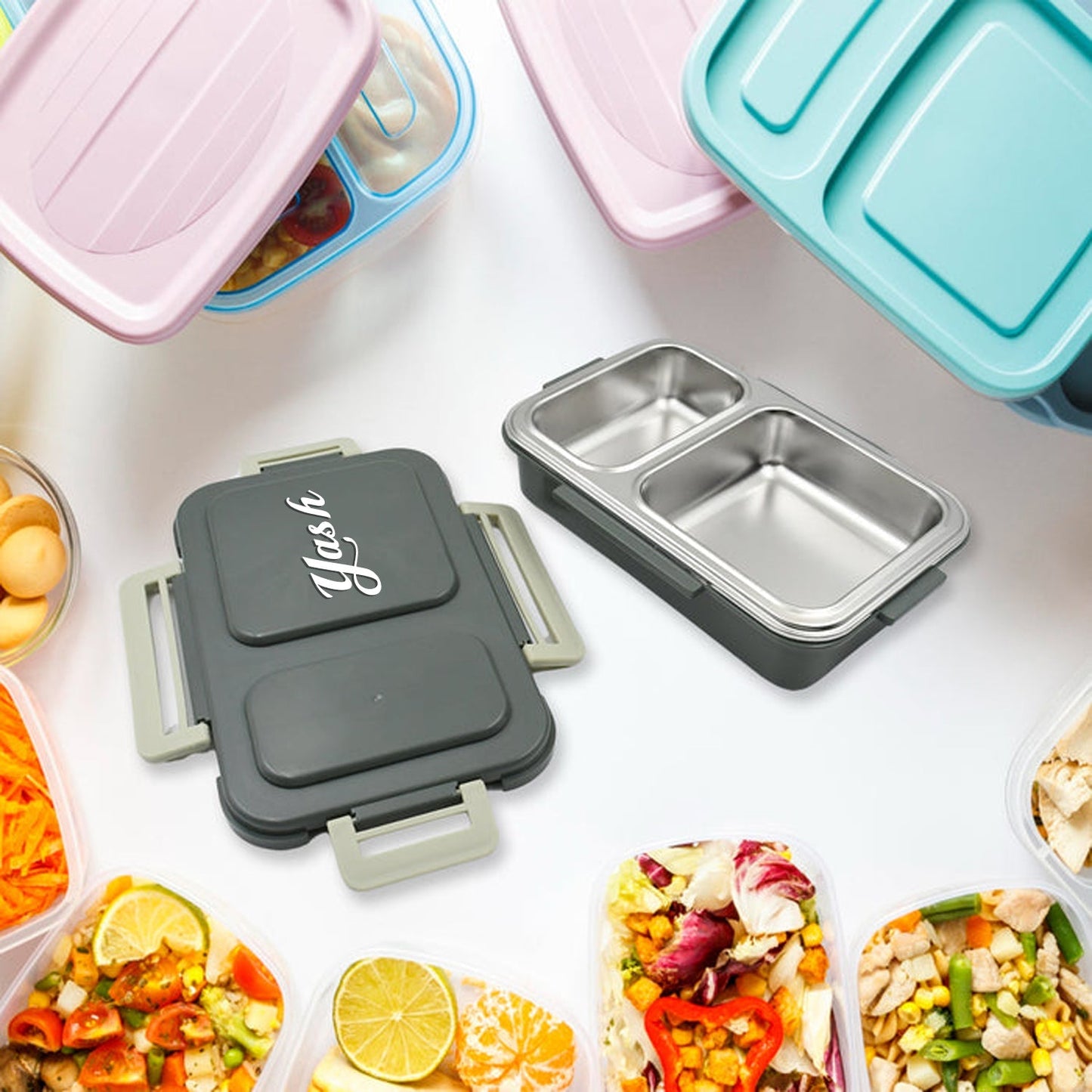 Customize Miracle Quick Lock Leak Proof 2 Compartment Stainless Steel LUNCH BOX Inner Plate Reusable Microwave Freezer Safe Lunch Box Trendy Thermal Insulation Leak Proof for Office Vacuum Tiffin Box for Boys / Girls / School / Office Women and Men  Your Brand