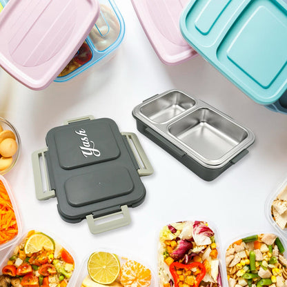 Customize Miracle Quick Lock Leak Proof 2 Compartment Stainless Steel LUNCH BOX Inner Plate Reusable Microwave Freezer Safe Lunch Box Trendy Thermal Insulation Leak Proof for Office Vacuum Tiffin Box for Boys / Girls / School / Office Women and Men  Your Brand