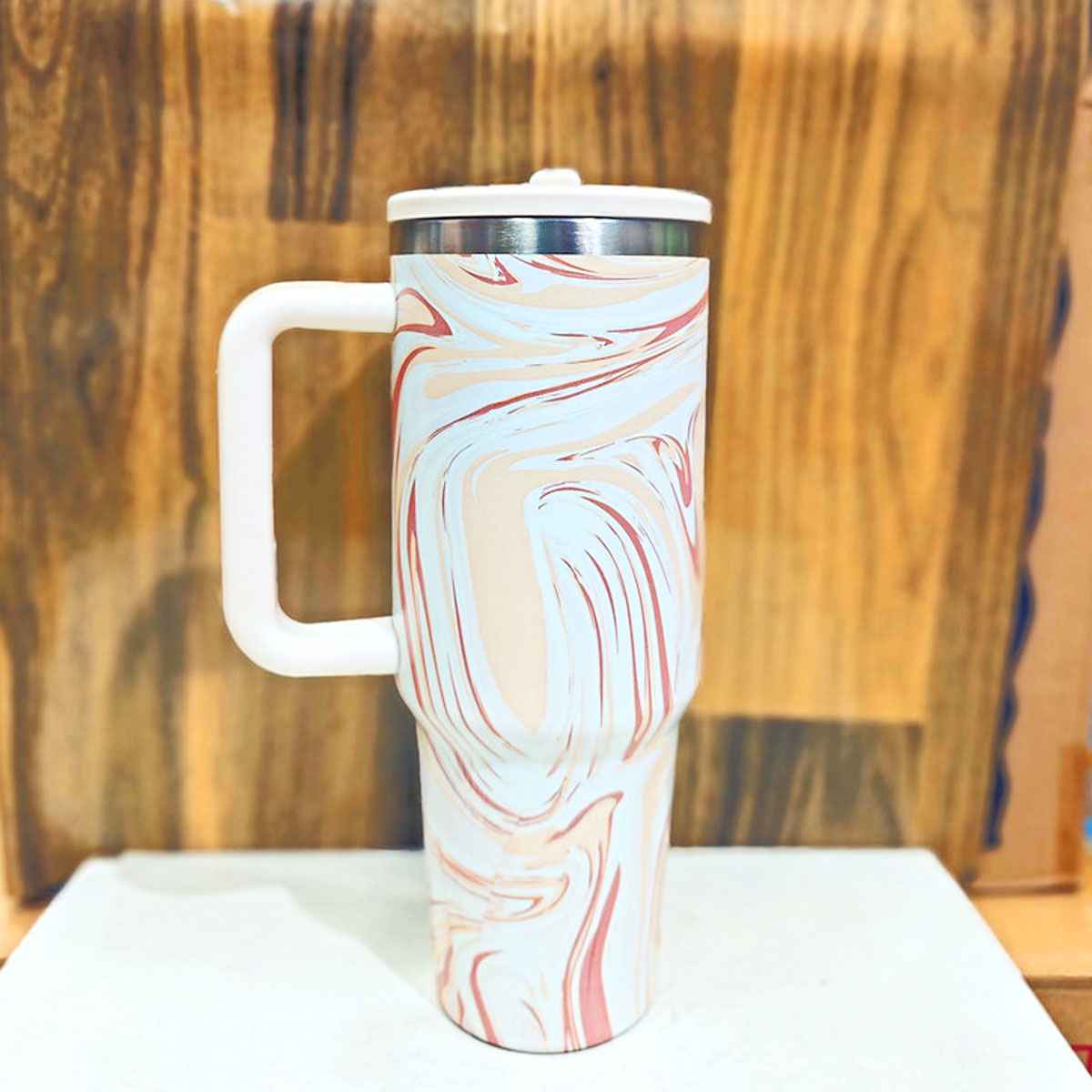 Marble Swirl Stainless Steel Tumbler with Handle, Lid & Straw