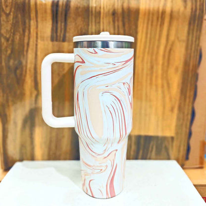 Marble Swirl Stainless Steel Tumbler with Handle, Lid & Straw