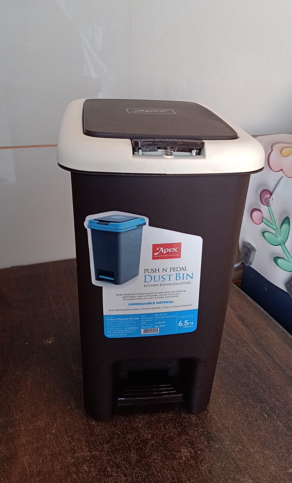 Apex Plastic Push N Pedal Dust Bin | Hands-Free Operation, Compact Design 6.5 Liters (1 Pc / Mix Color) Your Brand