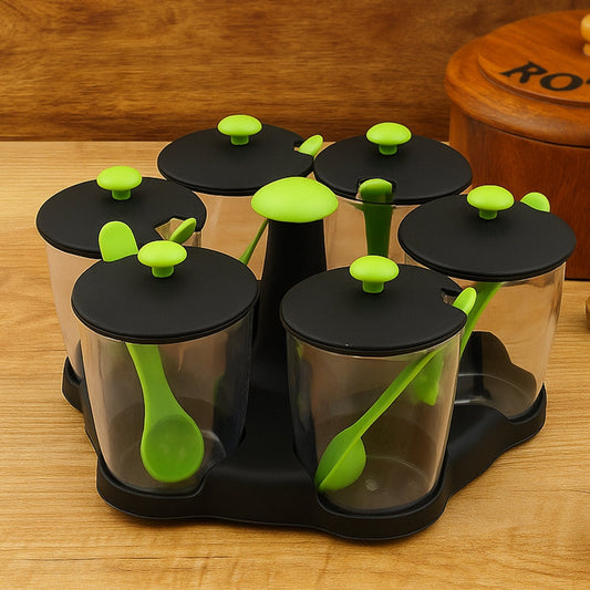 Multipurpose 6 Piece Miracle Revolving Plastic Spice Container Rack With 6 Spoon, Condiment Set, Masala Rack Set, Revolving Spice Rack Aachar Container Chutney Mukhwas Tray Masala Dining Spice Stand Your Brand