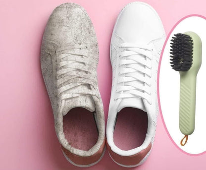 Multifunctional shoe brush cleaning dirty white sneaker showing before and after results
