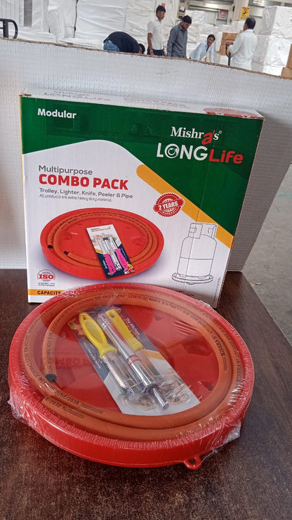 Mishra's 5-Piece Multipurpose LPG Kitchen Combo Set with Gas Pipe, Cylinder Trolley, Knife, Lighter & Peeler Your Brand