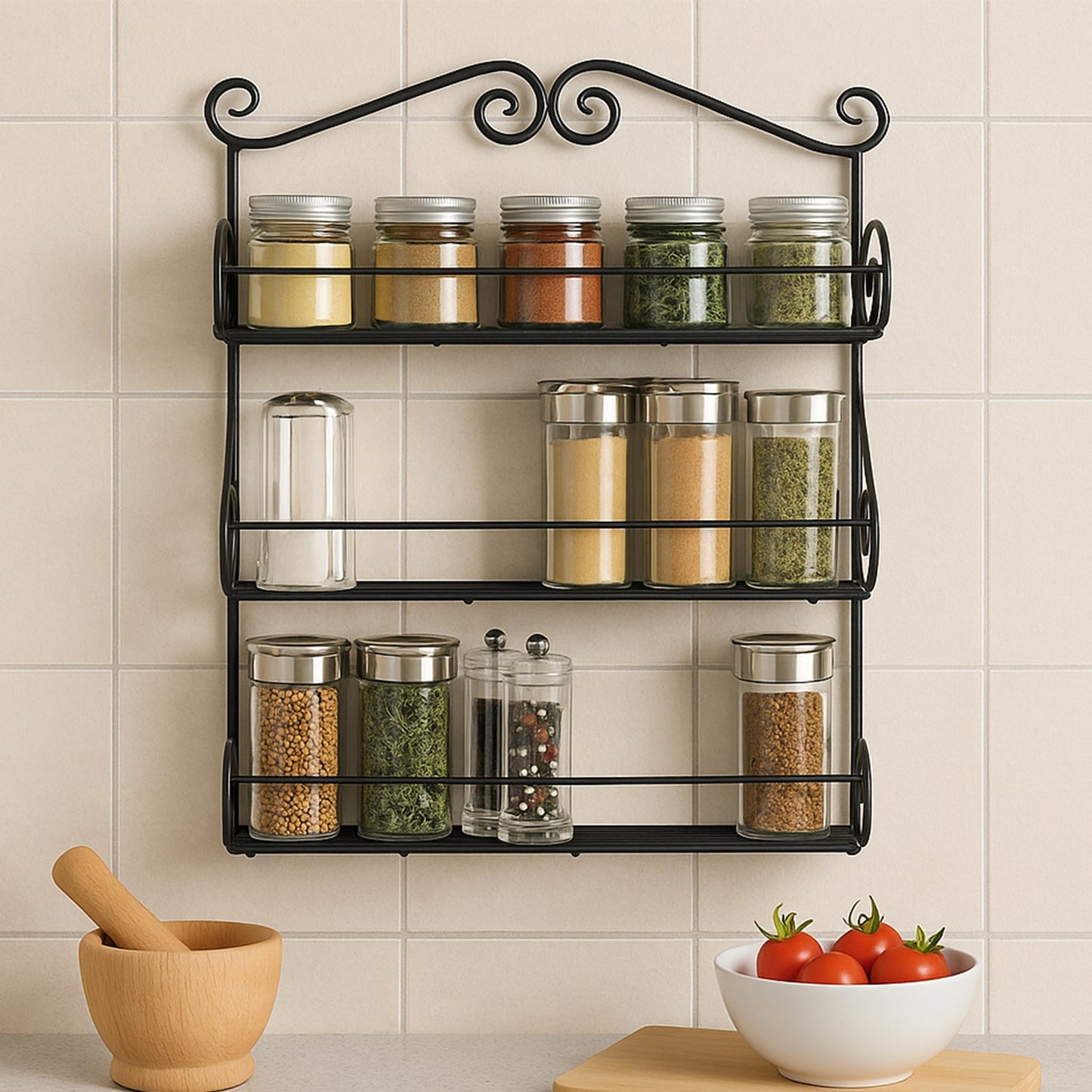 Big Wall Mounted Iron Wall Shelf with 3 Storage Racks for Kitchen, Pantry, Cabinet, Counter top or Free Standing, Rack Holder for Kitchen Your Brand