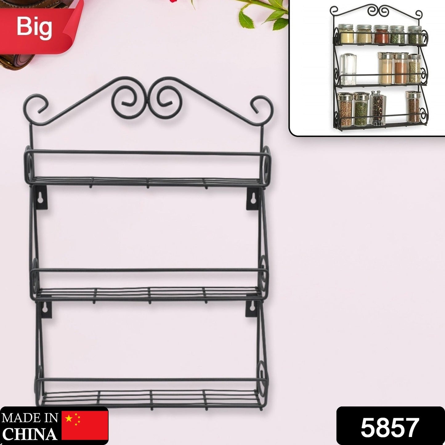 Big Wall Mounted Iron Wall Shelf with 3 Storage Racks for Kitchen, Pantry, Cabinet, Counter top or Free Standing, Rack Holder for Kitchen Your Brand