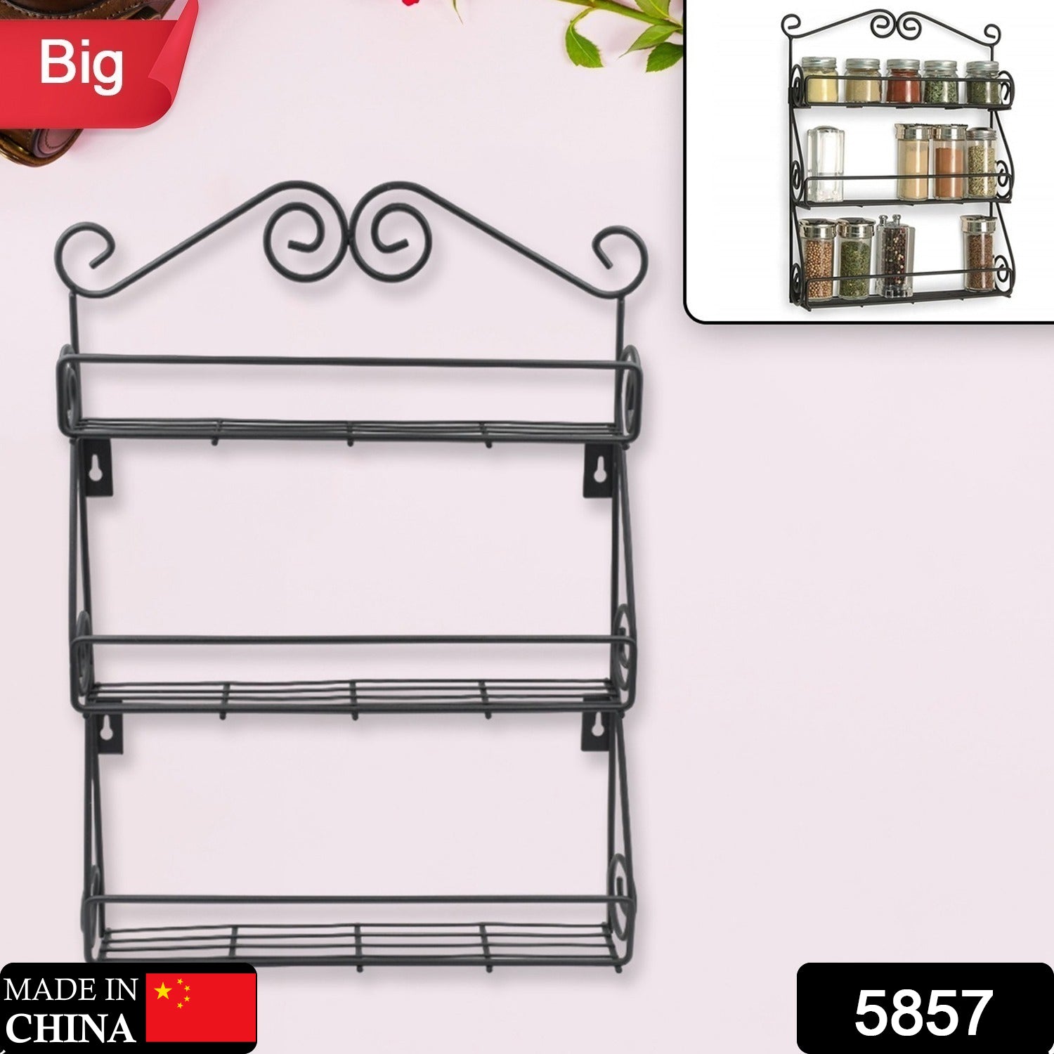 Big Wall Mounted Iron Wall Shelf with 3 Storage Racks for Kitchen, Pantry, Cabinet, Counter top or Free Standing, Rack Holder for Kitchen Your Brand