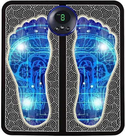 EMS foot massager pad with digital control and blue circuitry design for foot therapy
