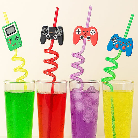 Colorful reusable plastic drinking straws with fun designs for beverages in vibrant glasses