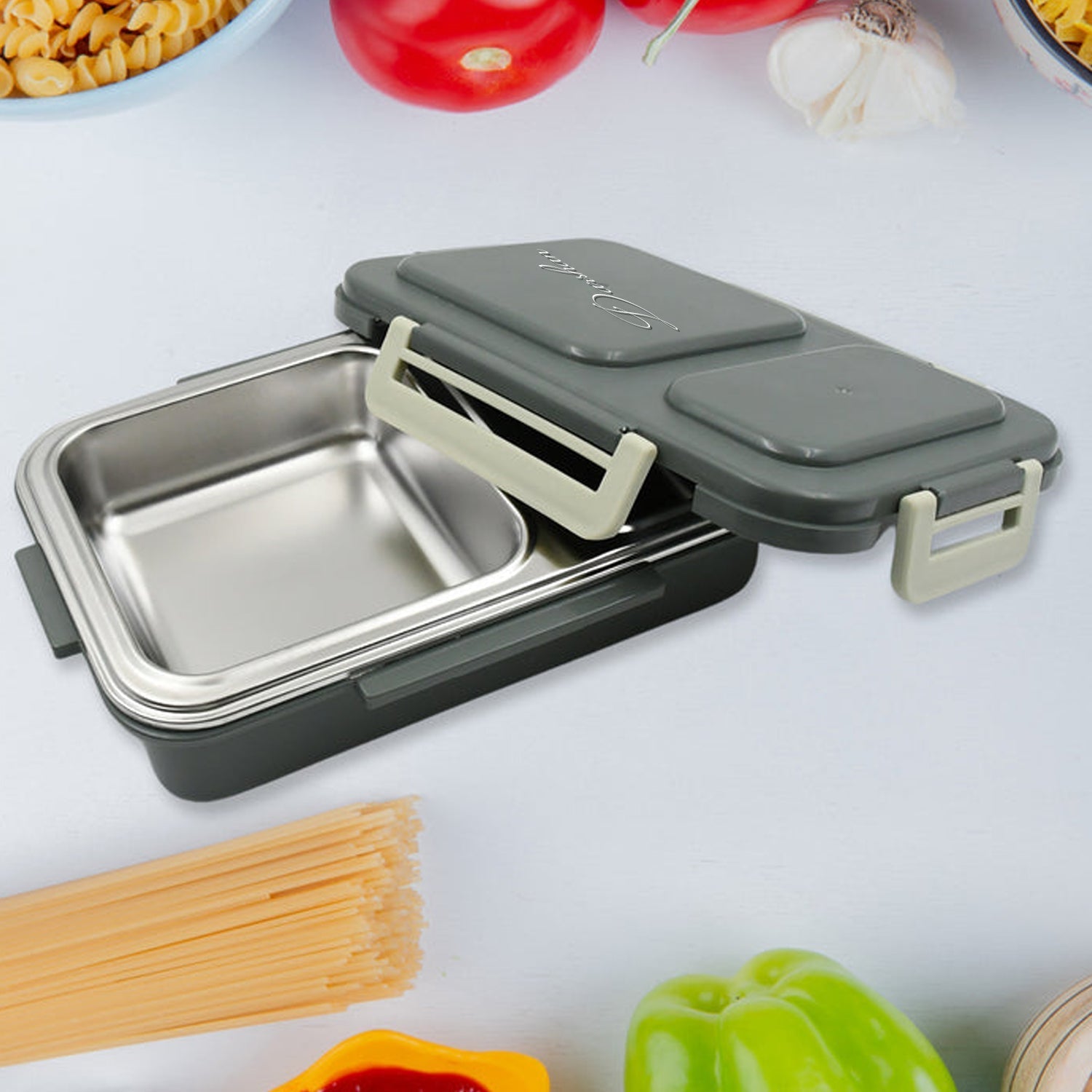 Customize Miracle Quick Lock Leak Proof 2 Compartment Stainless Steel LUNCH BOX Inner Plate Reusable Microwave Freezer Safe Lunch Box Trendy Thermal Insulation Leak Proof for Office Vacuum Tiffin Box for Boys / Girls / School / Office Women and Men  Your Brand