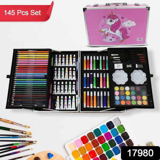 17980 Professional Art Set-Drawing Painting Sketching Coloring Kids Set All in 1 Art Case Perfect for Kids with Unicorn Design Case, Shading Crayons Oil Pastels Color Set Watercolor Cakes Paint Brush Sharpener Eraser (145 Pcs Set) Your Brand