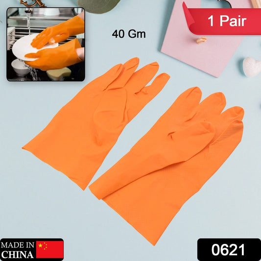 Multipurpose Rubber Reusable Cleaning Gloves, Reusable Rubber Hand Gloves I Latex Safety Gloves I for Washing I Cleaning Kitchen I Gardening I Sanitation I Wet and Dry Use Orange Gloves (1 Pair 40 Gm) Your Brand