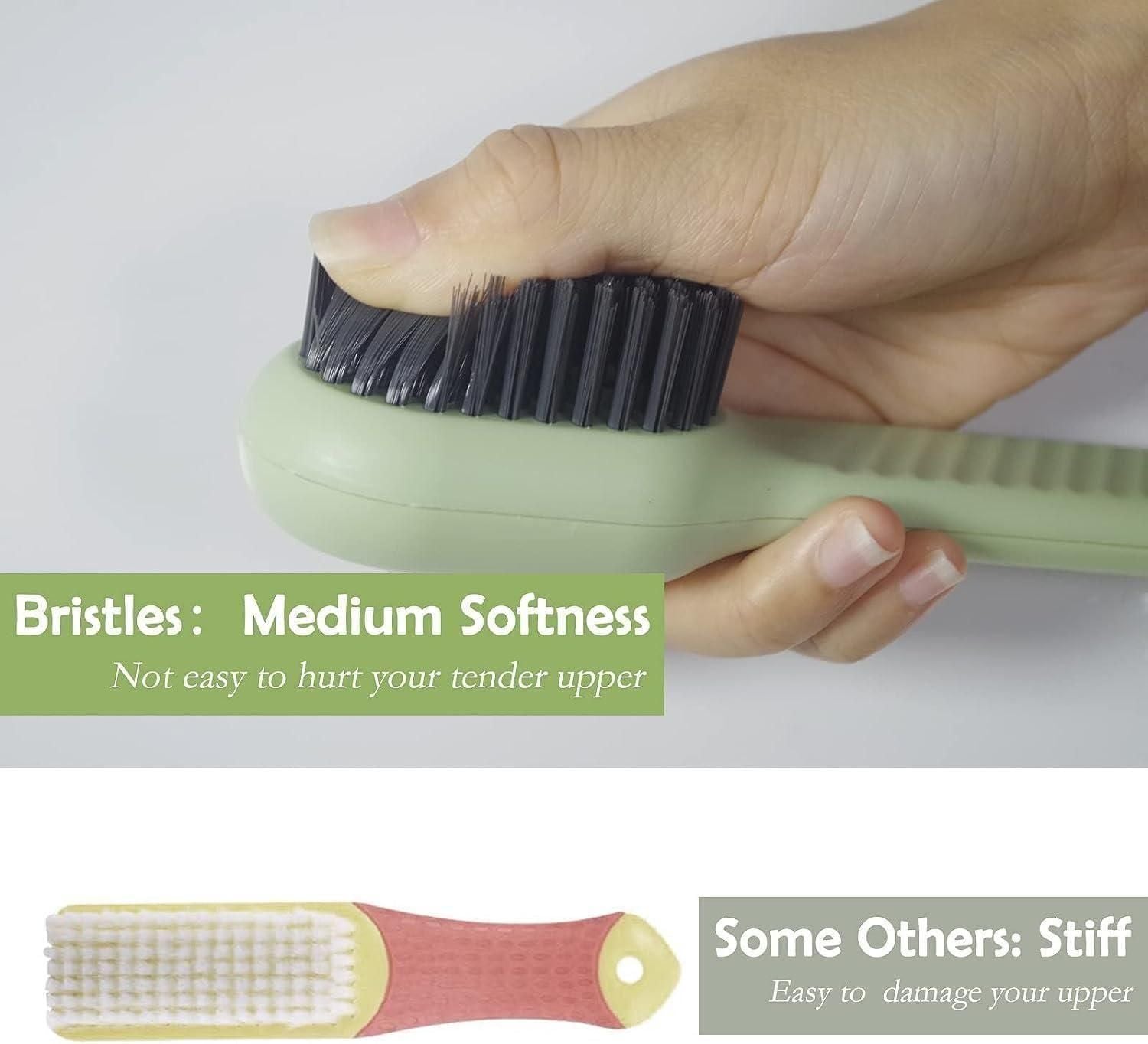 The Gir Farmer multifunctional shoe brush with medium softness bristles held in hand for gentle shoe cleaning