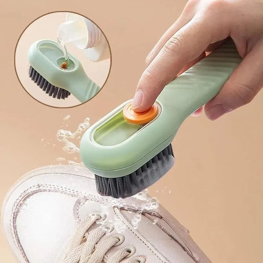 The Gir Farmer multifunctional shoe brush with detergent dispenser cleaning white canvas shoes