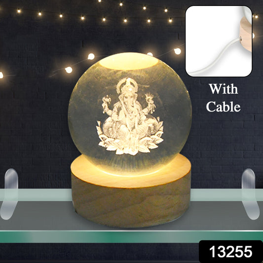 Ganpati 3D Crystal Ball lamps With Wood Base Your Brand