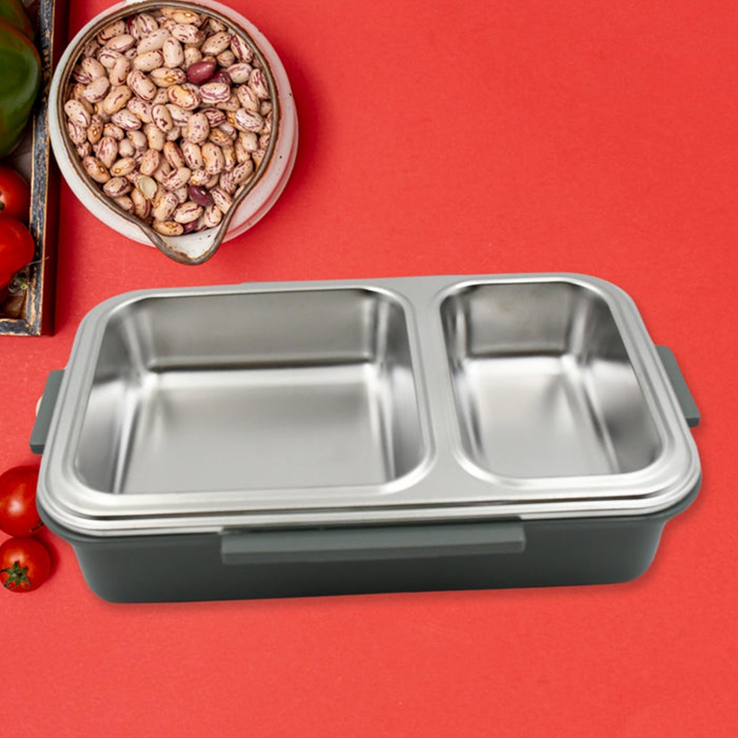 Customize Miracle Quick Lock Leak Proof 2 Compartment Stainless Steel LUNCH BOX Inner Plate Reusable Microwave Freezer Safe Lunch Box Trendy Thermal Insulation Leak Proof for Office Vacuum Tiffin Box for Boys / Girls / School / Office Women and Men  Your Brand