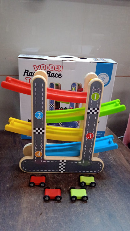 Car Racer Track Play set Wooden Click Clack Toys With 4 Mini Racers (1 Set) Your Brand