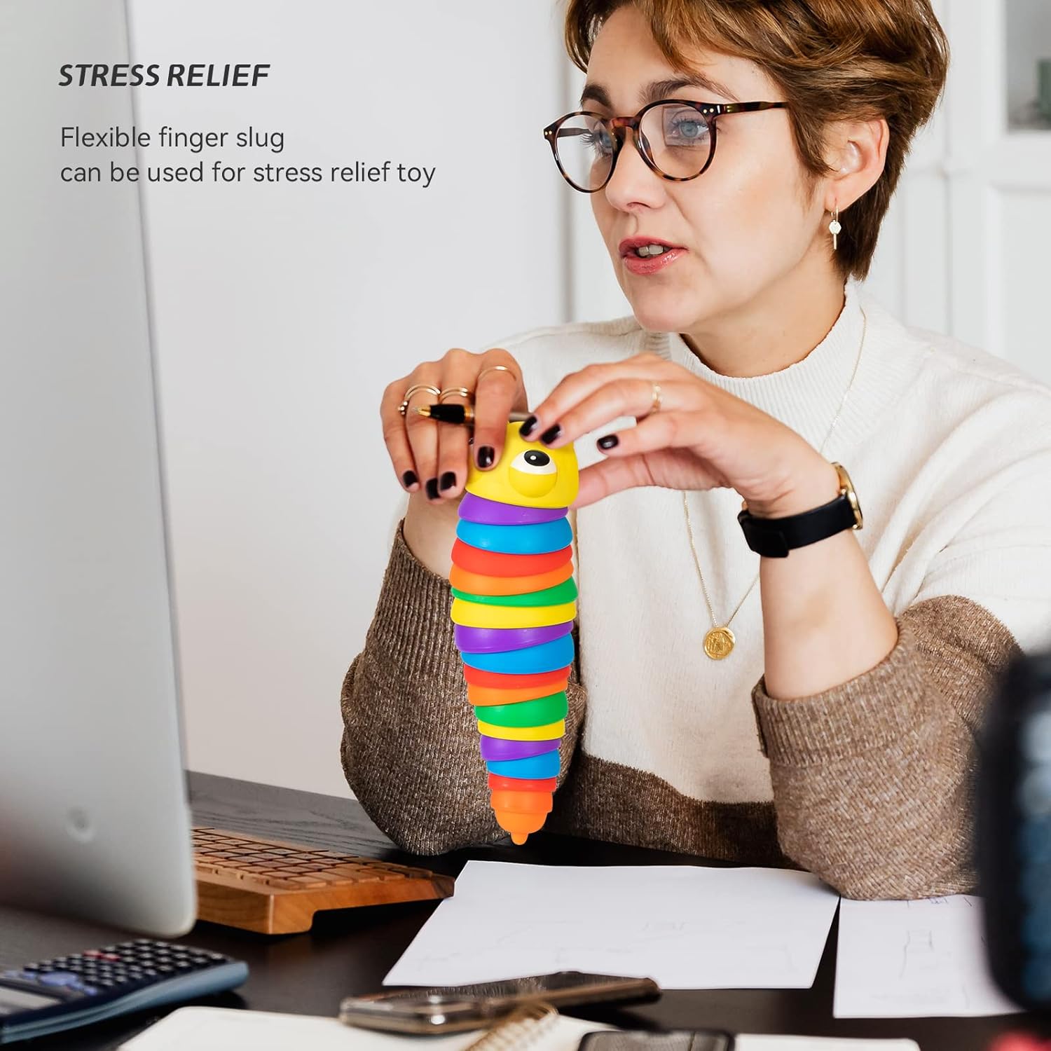 3D Rainbow Color Plastic Slug Fidget Toys, Stress Relieving Toy, Sensory Slug Toy for Boys and Girls, Finger slug Toy, for Autistic, Caterpillar Fidget Toys Stress Relief Gifts for Toddlers Kids Adults  (1 Pc) Your Brand
