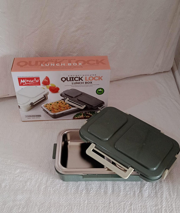Customize Miracle Quick Lock Leak Proof 2 Compartment Stainless Steel LUNCH BOX Inner Plate Reusable Microwave Freezer Safe Lunch Box Trendy Thermal Insulation Leak Proof for Office Vacuum Tiffin Box for Boys / Girls / School / Office Women and Men  Your Brand