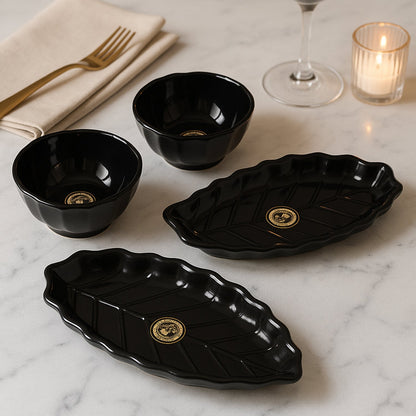 Ertiga Round Ceramic Bowl With Plastic leaf shape Serving platter Portable, Lightweight Breakfast, Serving Bowl | Highly Durable Material | Ideal for Rice, Pasta, Desserts Home & Kitchen Serving Bowl & platter (4 Pcs set) Your Brand