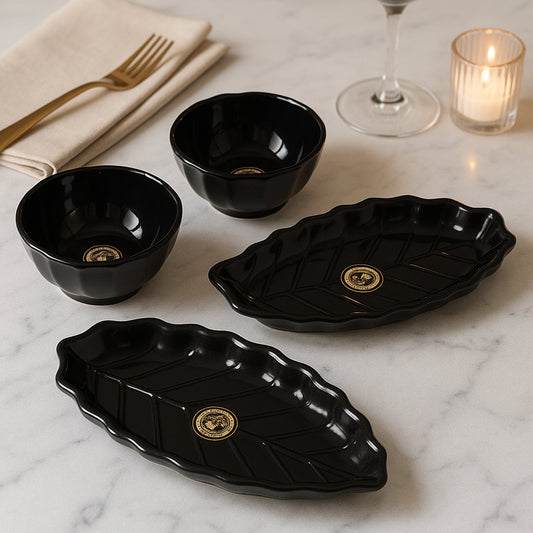 Ertiga Round Ceramic Bowl With Plastic leaf shape Serving platter Portable, Lightweight Breakfast, Serving Bowl | Highly Durable Material | Ideal for Rice, Pasta, Desserts Home & Kitchen Serving Bowl & platter (4 Pcs set) Your Brand