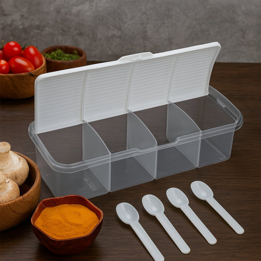 Kitchen Multipurpose Air-tight 4 Sections Storage Containers / Masala Box Pickle (Achar) Jar with 4 spoon for each section (1 Pc / Mix Color) Your Brand