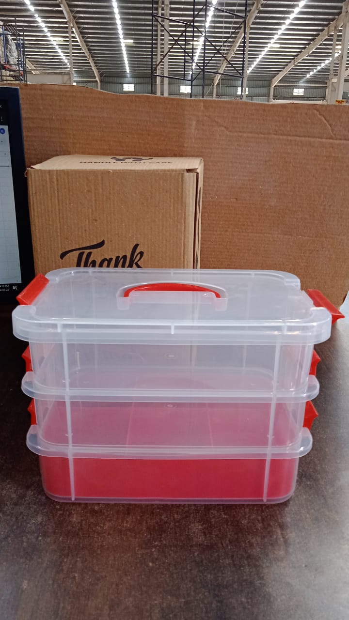 3-Layer Multi-Purpose Transparent Plastic Storage Carry Box with Handle Your Brand