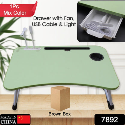 MultiPurpose Study Table Foldable Portable Notebook Bed Lap Desk Tray Stand Reading Holder with Coffee Cup Slot, Drawer, Fan, USB Cable & Light for Breakfast, Reading & Movie Watching (1 Pc Mix Color) Your Brand