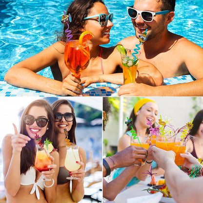 Colorful reusable plastic drinking straws in cocktails enjoyed by friends at a pool party