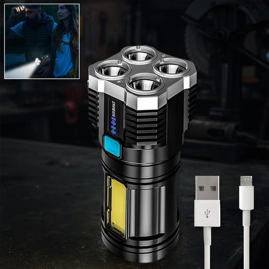 Multifunctional Strong 4 LED Torch Light, Portable Rechargeable Flashlight Long Distance Beam Range 800 Lumens COB Light 4 Mode Emergency for Hiking, Walking, Camping (4 LED Torch) Your Brand