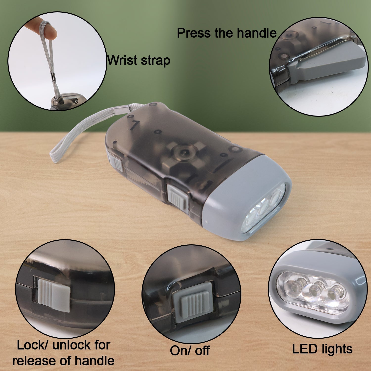 3 LED Hand Press Torch Hand Crank Flashlight Hand Pressing Flashlight Traveling Torch Light Manual Generator, Battery-Free Flashlight (1 Pc) Your Brand