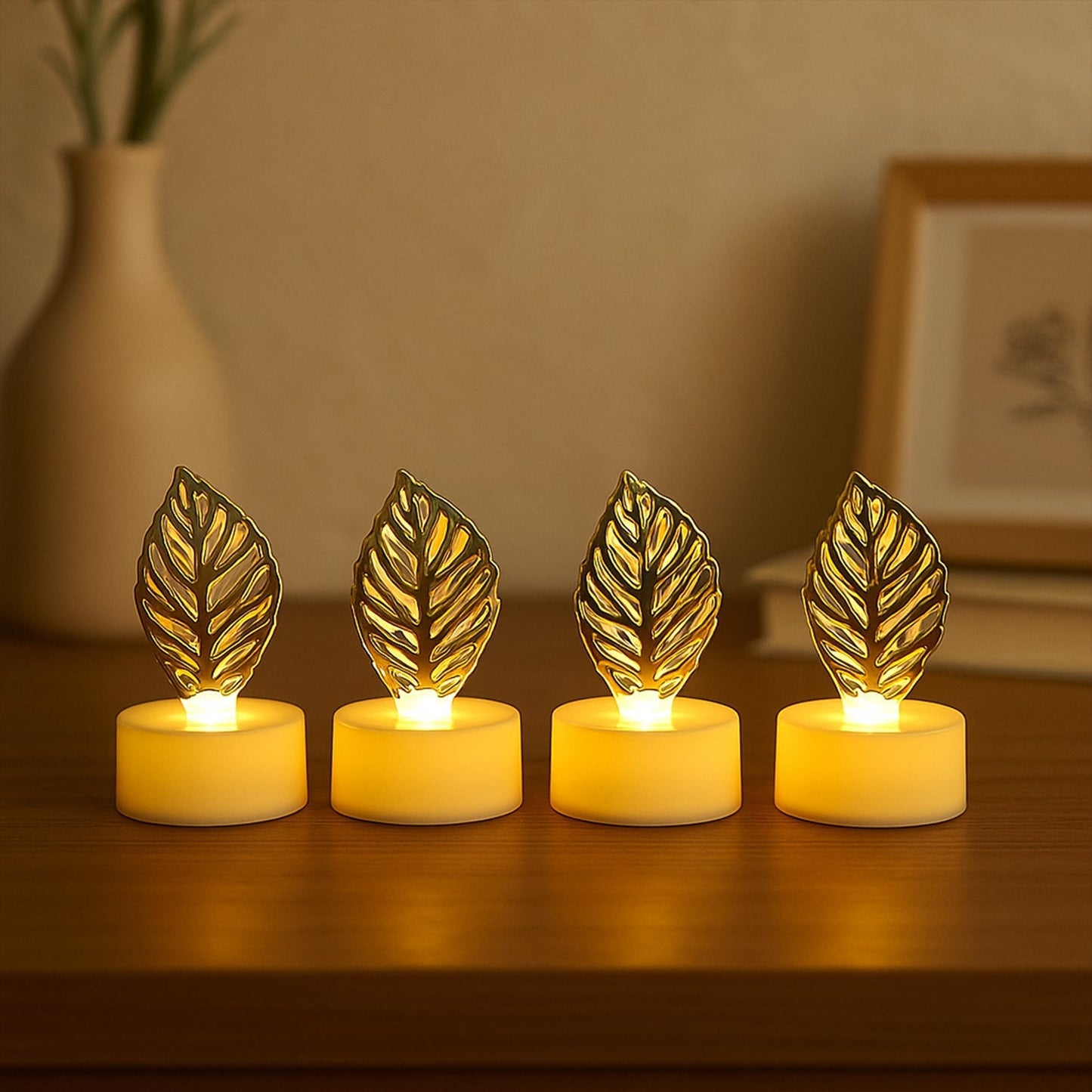 Decorative Golden Leaf Shaped Flameless LED Candles (4 Pc) DeoDap