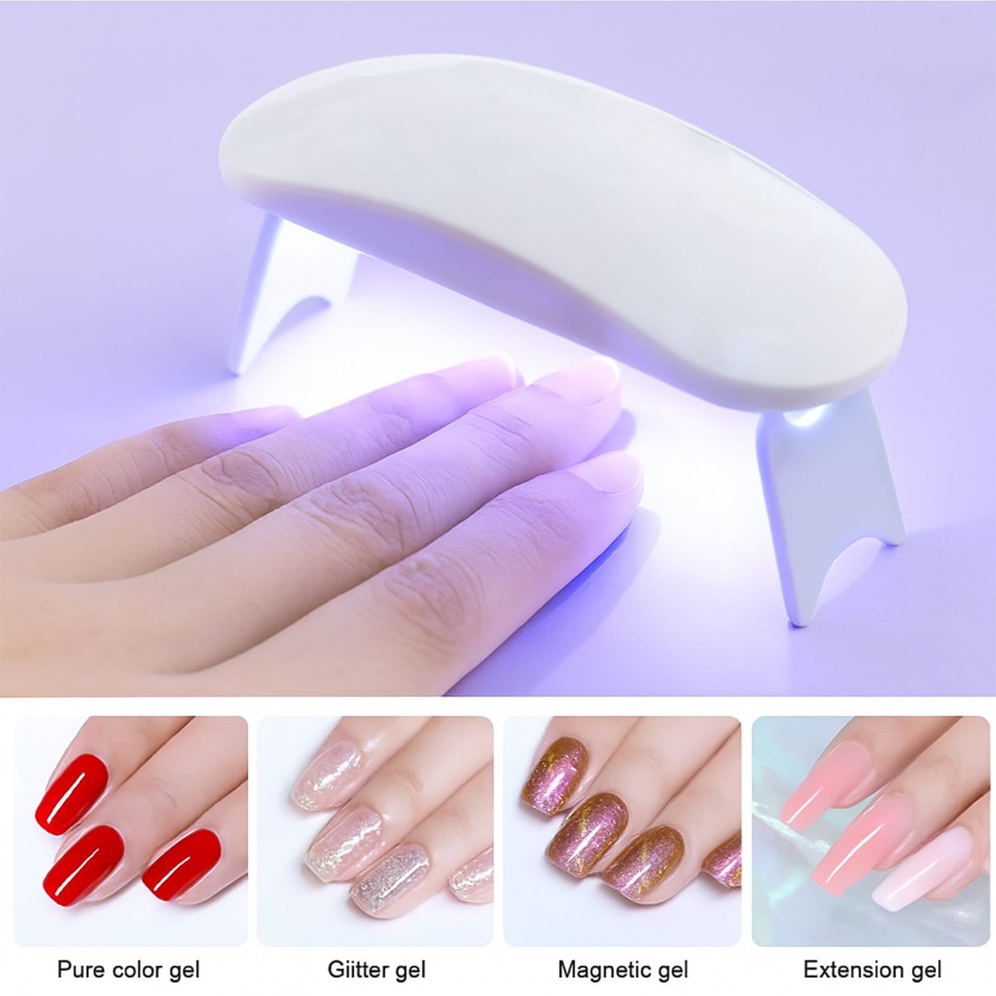 Mini UV nail lamp for gel polish with multiple nail styles including red and glitter nails