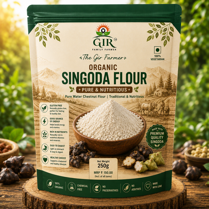The Gir Farmer Organic Singoda Flour in a 250g pack, ideal for gluten-free and nutritious cooking