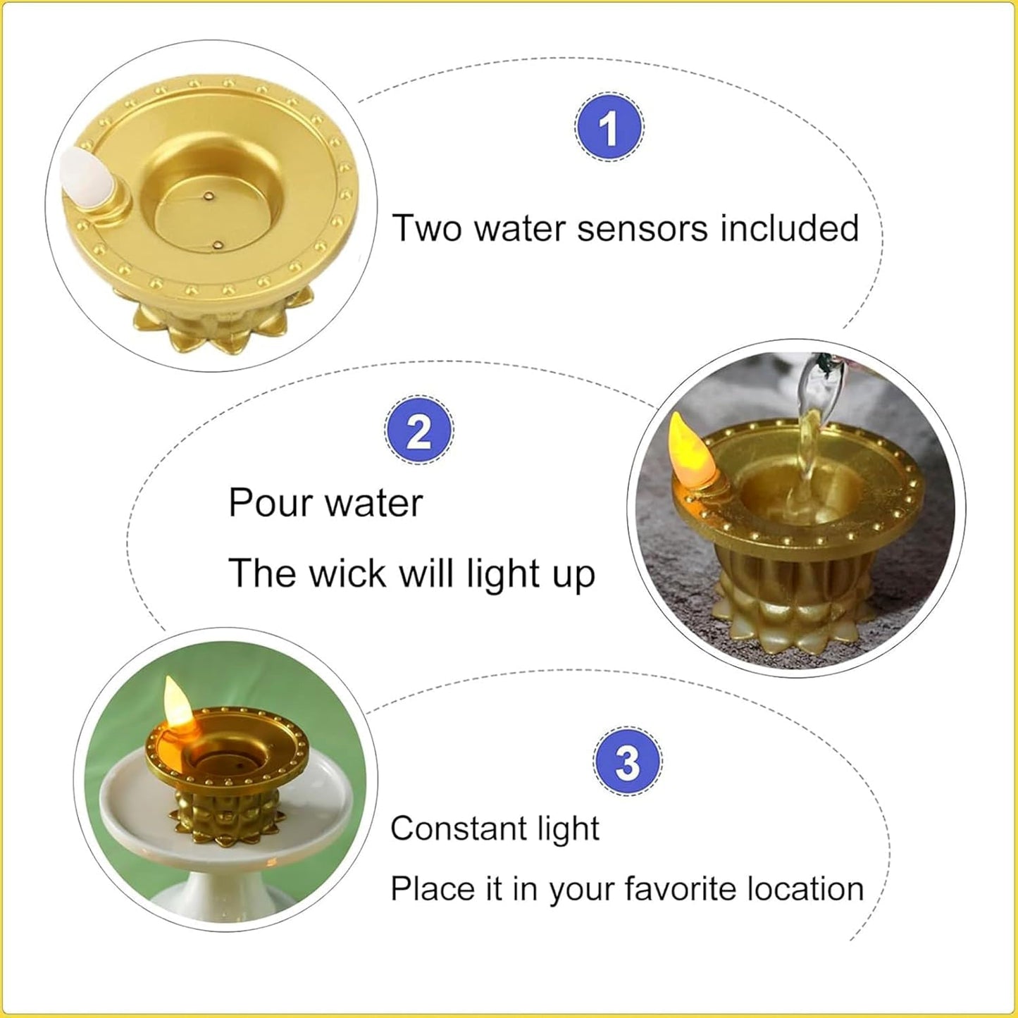 Set of 3 Water Sensor LED Golden Diyas DeoDap