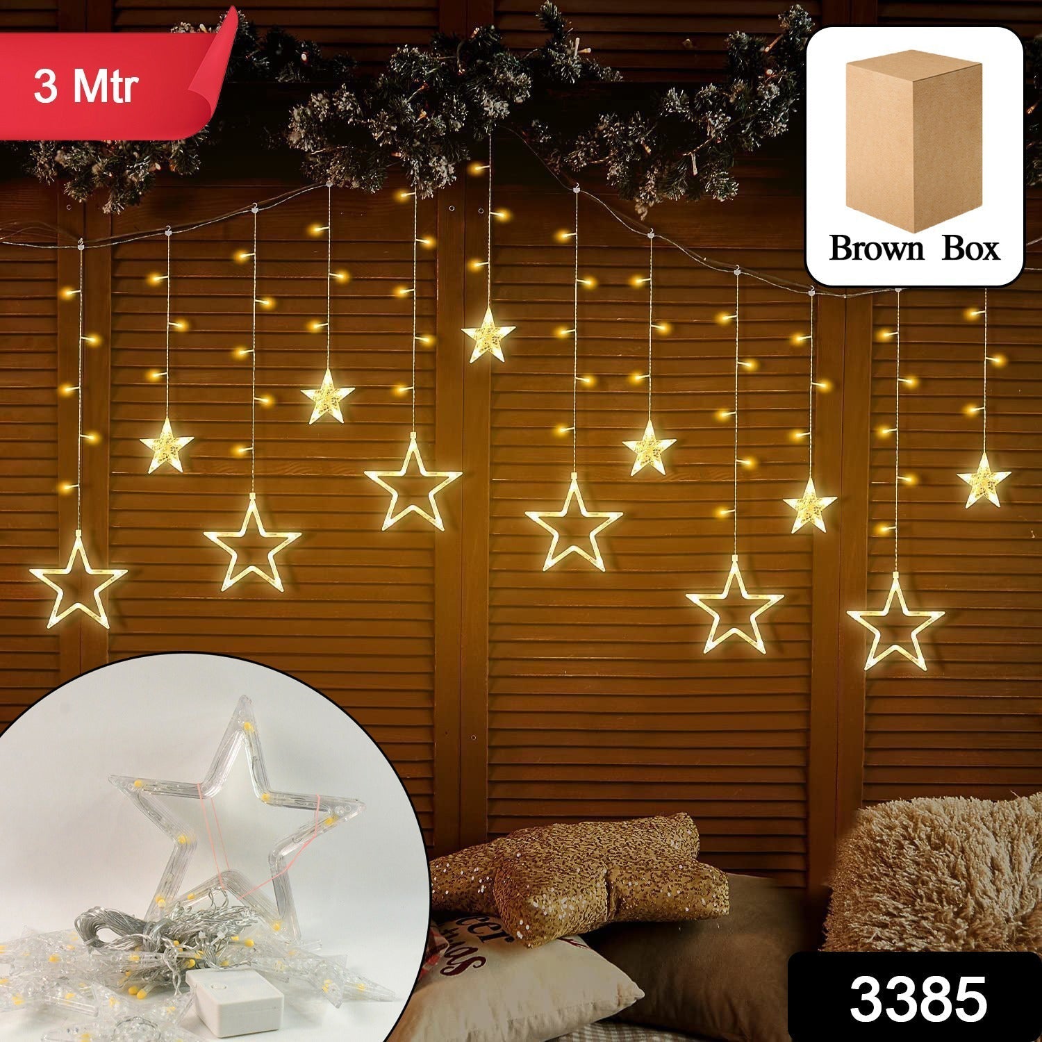 12 Stars LED Curtain String Lights with 8 Flashing Modes for Home Decoration, Diwali & Wedding LED Christmas Light Indoor and Outdoor Light ,Festival Decoration  (Warm White / With Box) Your Brand