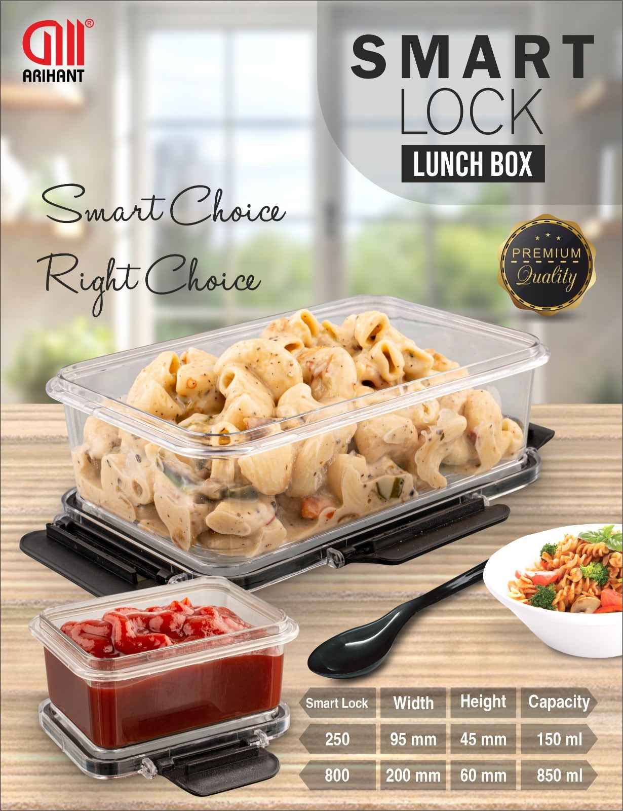 Smart Lock 800ml & 250ml Lunch Box with 1 Pcs Spoon Pack Of 3 Piece