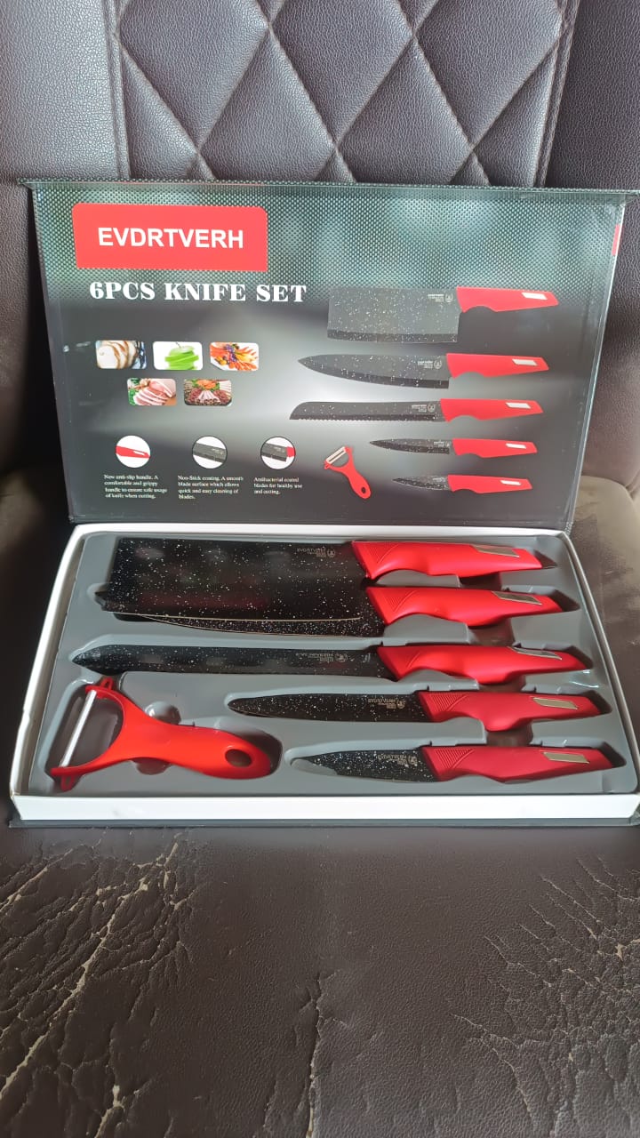 Kitchen Knife Set with Marble-Coated Blades & Red Handles (6 Pc) Your Brand