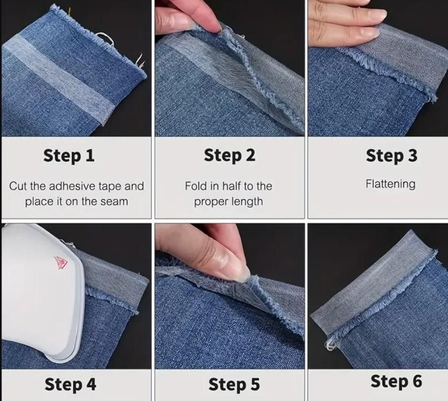 Step-by-step guide showing how to use adhesive fabric fusion tape for sewing repairs