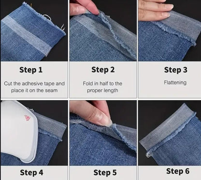 Step-by-step guide showing how to use adhesive fabric fusion tape for sewing repairs