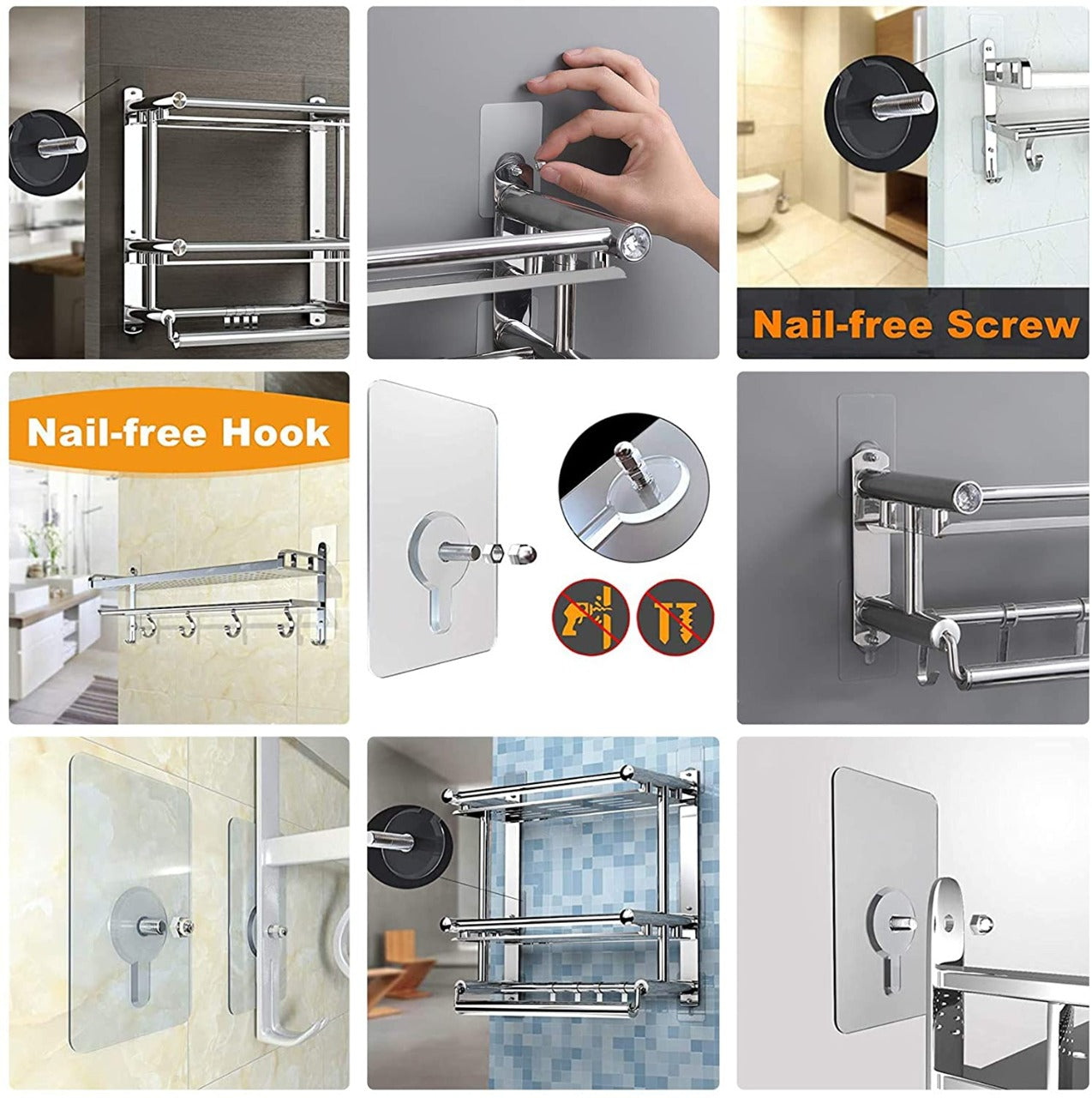 Adhesive screw wall hook set featuring nail-free design ideal for home improvement and organizing spaces