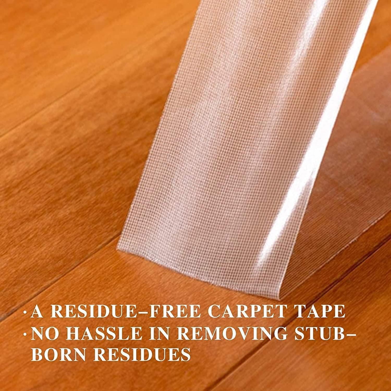 Clear grid textured heavy duty carpet adhesive tape on hardwood floor showing residue free removal