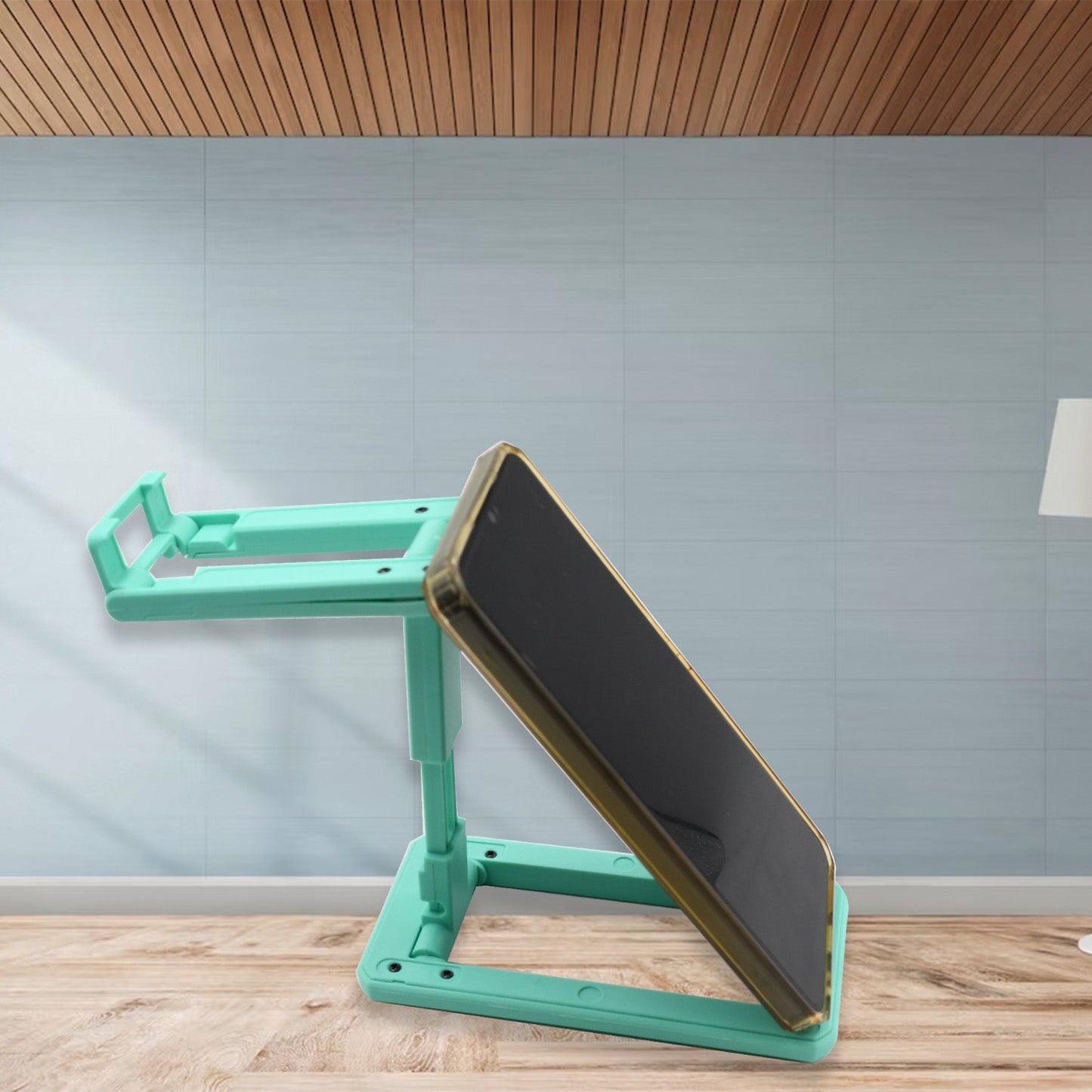 Adjustable foldable mobile stand in green for convenient phone viewing and usage