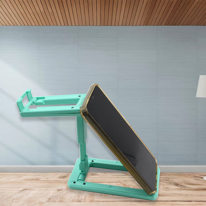 Adjustable foldable mobile stand in green for convenient phone viewing and usage