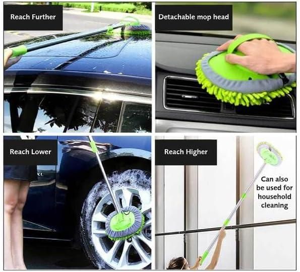 Adjustable mop for outdoor use with detachable head cleaning car roof, wheels, and household surfaces