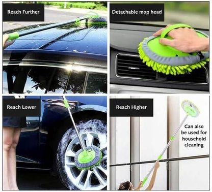 Adjustable mop for outdoor use with detachable head cleaning car roof, wheels, and household surfaces