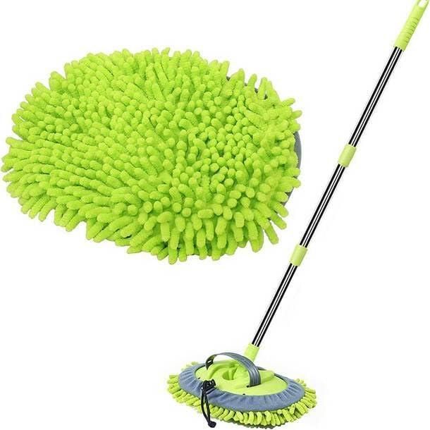 Green microfiber adjustable mop for outdoor use with extendable handle and removable mop head