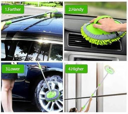 Adjustable mop for outdoor use shown cleaning car roof, car vent, tire, and window in various positions